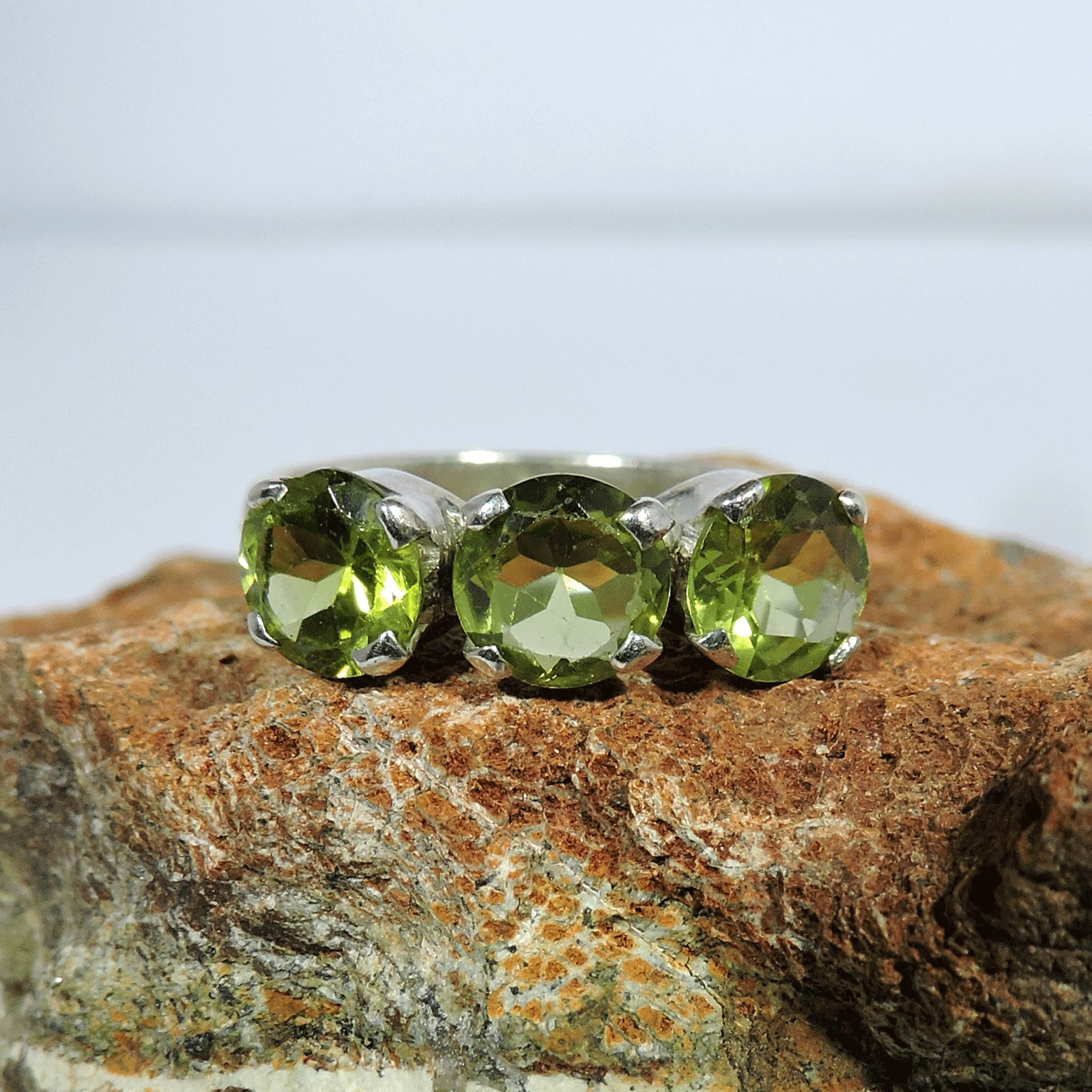Three-Stone Ring Peridot Gemstone Ring Fine Silver Ring Sterling Silver Ring