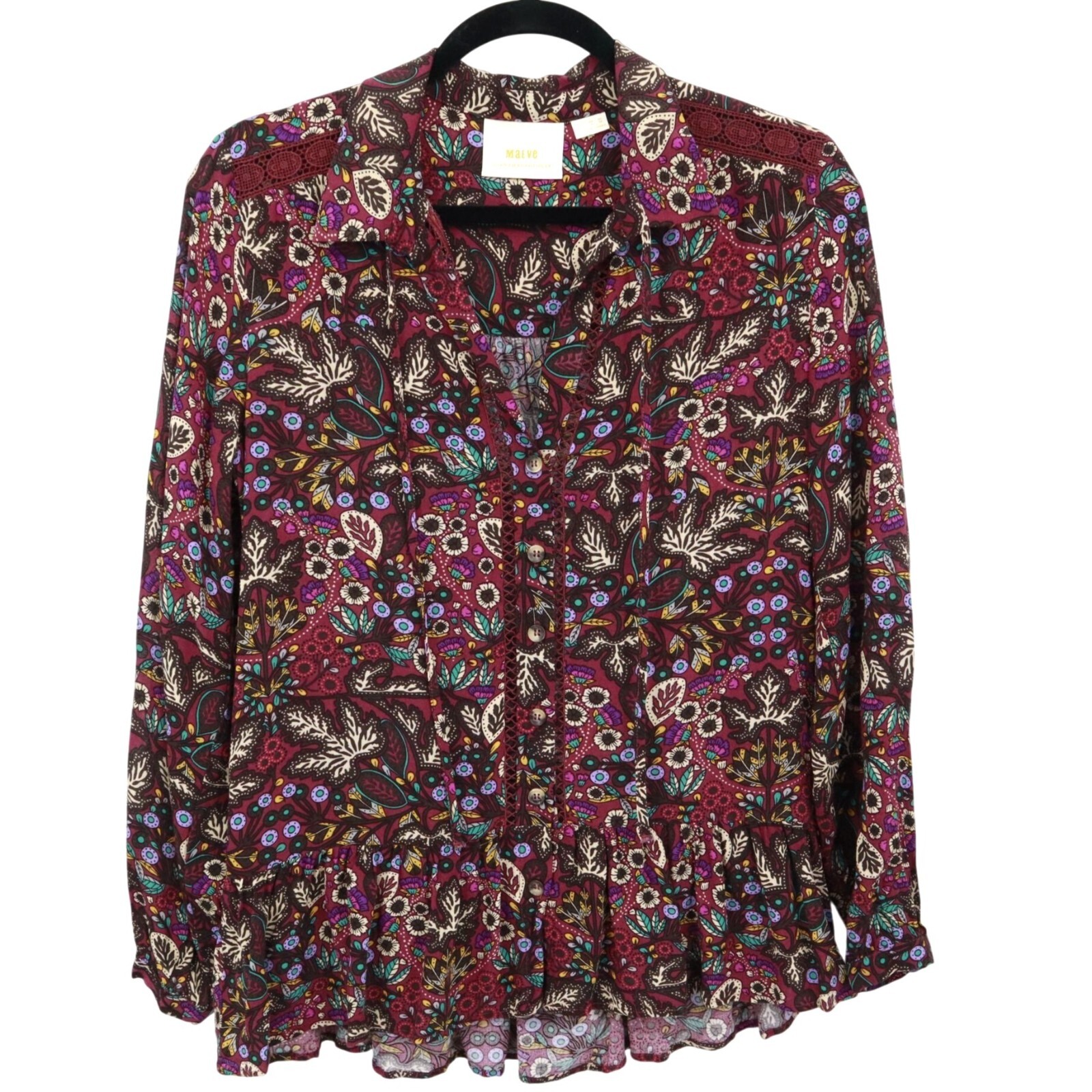 Maeve Janie Womens Boho Peasant Top Burgundy Flounce Romantic Whimsical Artsy Blouse