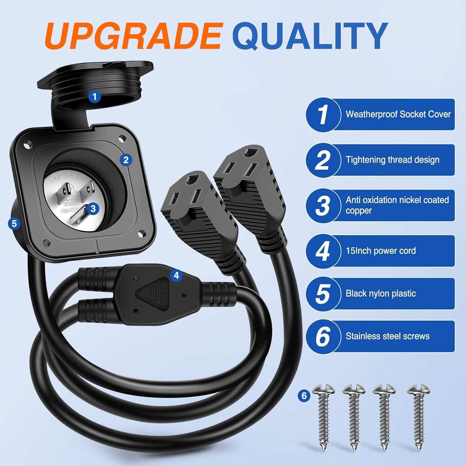 Nilight 15 AMP RV Power Flanged Inlet 125V AC Port Shore Receptacle with Cord