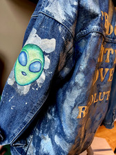 Ooak , Custom Made Denim Jacket, Glitter Hand Painted With Alien And Peace Sign