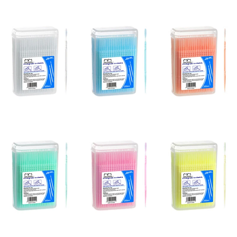 Palillo de dientes de plástico desechable familiar portátil de doble cabeza 200 piezas palillo de fruta. Foto 3 de 4