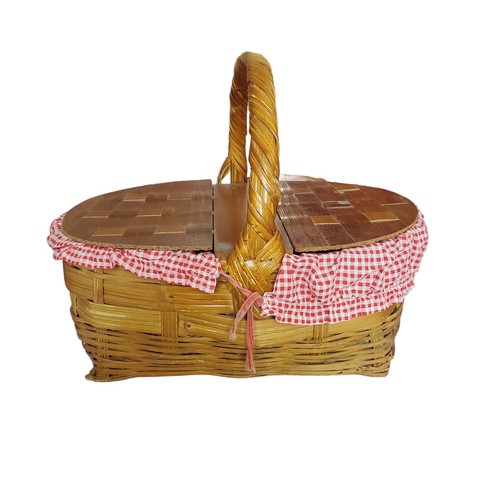Vintage Woven Double Lid Picnic Basket With Original Liner - Picture 2 of 13