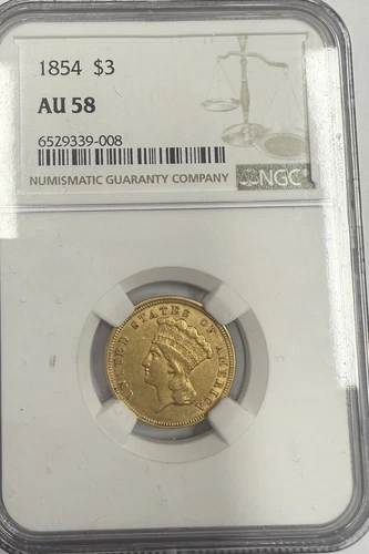 1854 3 Dollar Gold Coin NGC AU 58