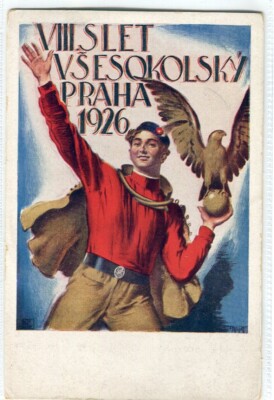 Sokol Turnen Prag 8. Begegnung 1926 Umhang Junge Falke Globus Emblem Postkarte