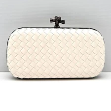 Clutch Bag White Woven Faux Leather with Black Satin Trim Gunmetal Clasp Chain