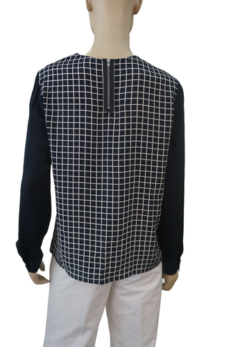 THEORY sz M Long Sleeve Navy Window Pane Check Silk Blouse Top - Picture 2 of 3