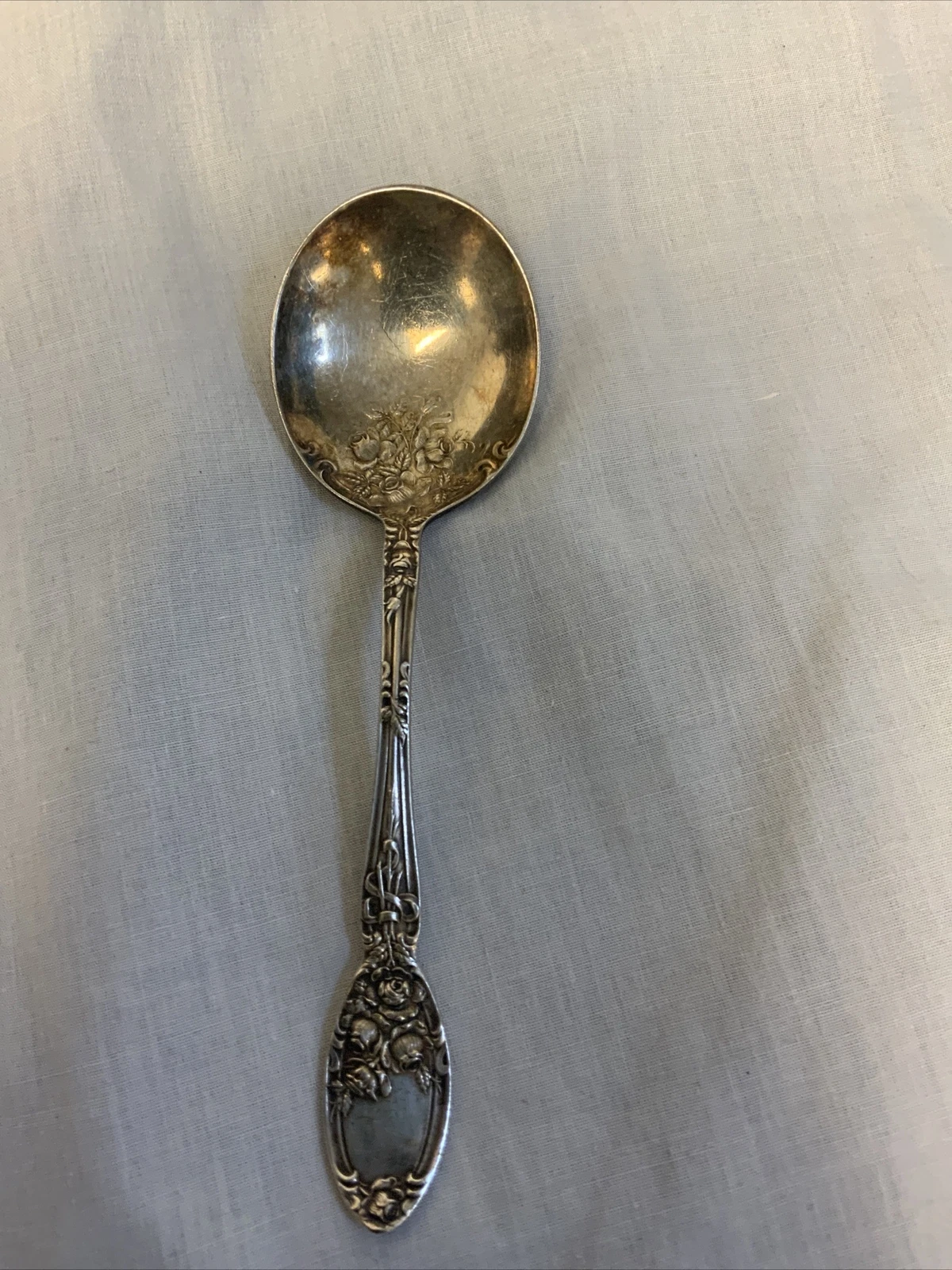 Alvin Patent Silverplate Rose Pattern Patina 6" Small Sugar Serving Spoon.