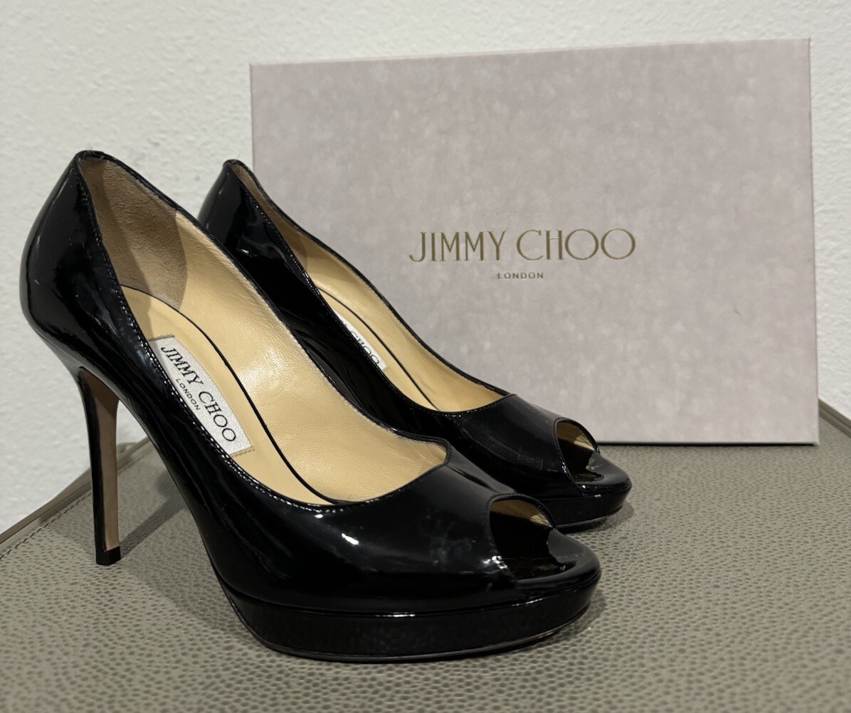 Jimmy Choo Luna Heels Pumps Womens 38 Black Patent Leather Peep