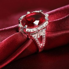 925 Sterling Silver Charm Red Garnet White Topaz Wedding Engagement Ring Size 8
