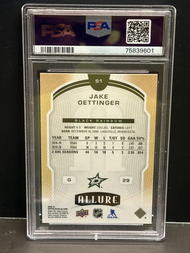Jake Oettinger 2020-21 Upper Deck Allure Black Rainbow RC #91 PSA 10 Gem POP 8 - Image 2 of 2