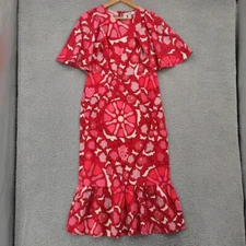 Rhode Dress Womens 10 Red Pink Midi Linen Blend Ruffle Sleeves Mermaid Summer