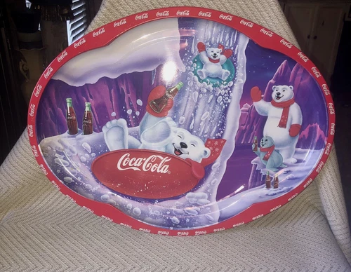 1999 Vintage Limited Edition Coca Cola Metal Tin Oval Serving Tray  Polar Bears
