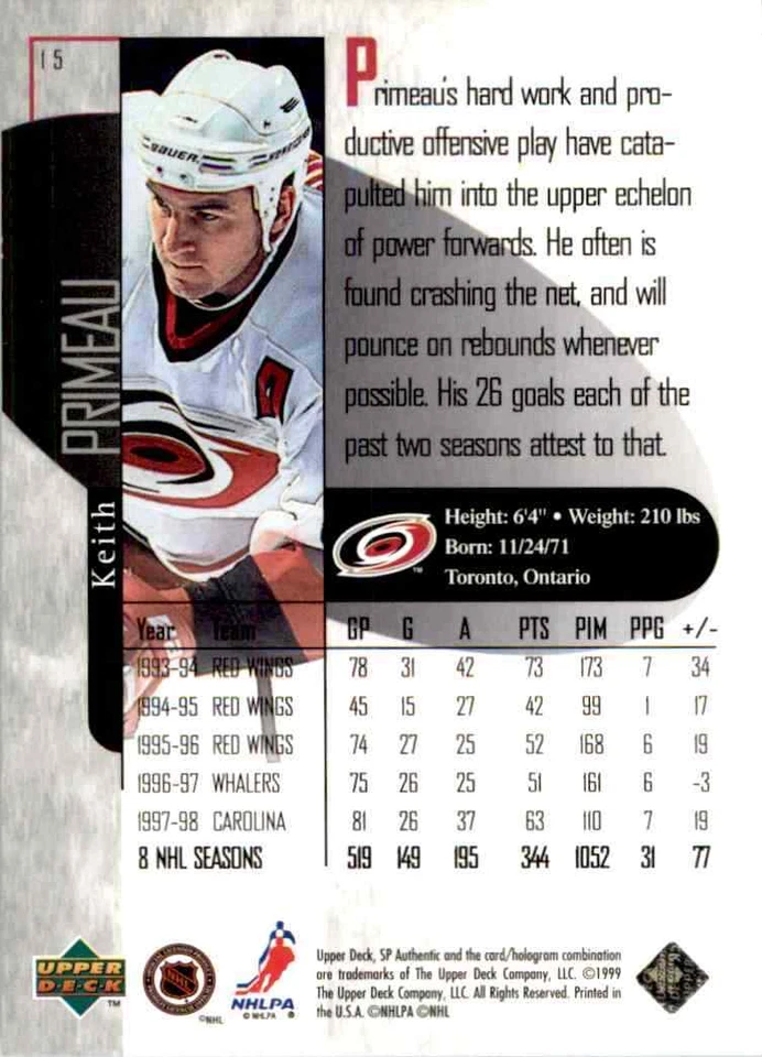 1998-99 Upper Deck SP Authentic Keith Primeau #15 - Image 2 of 2