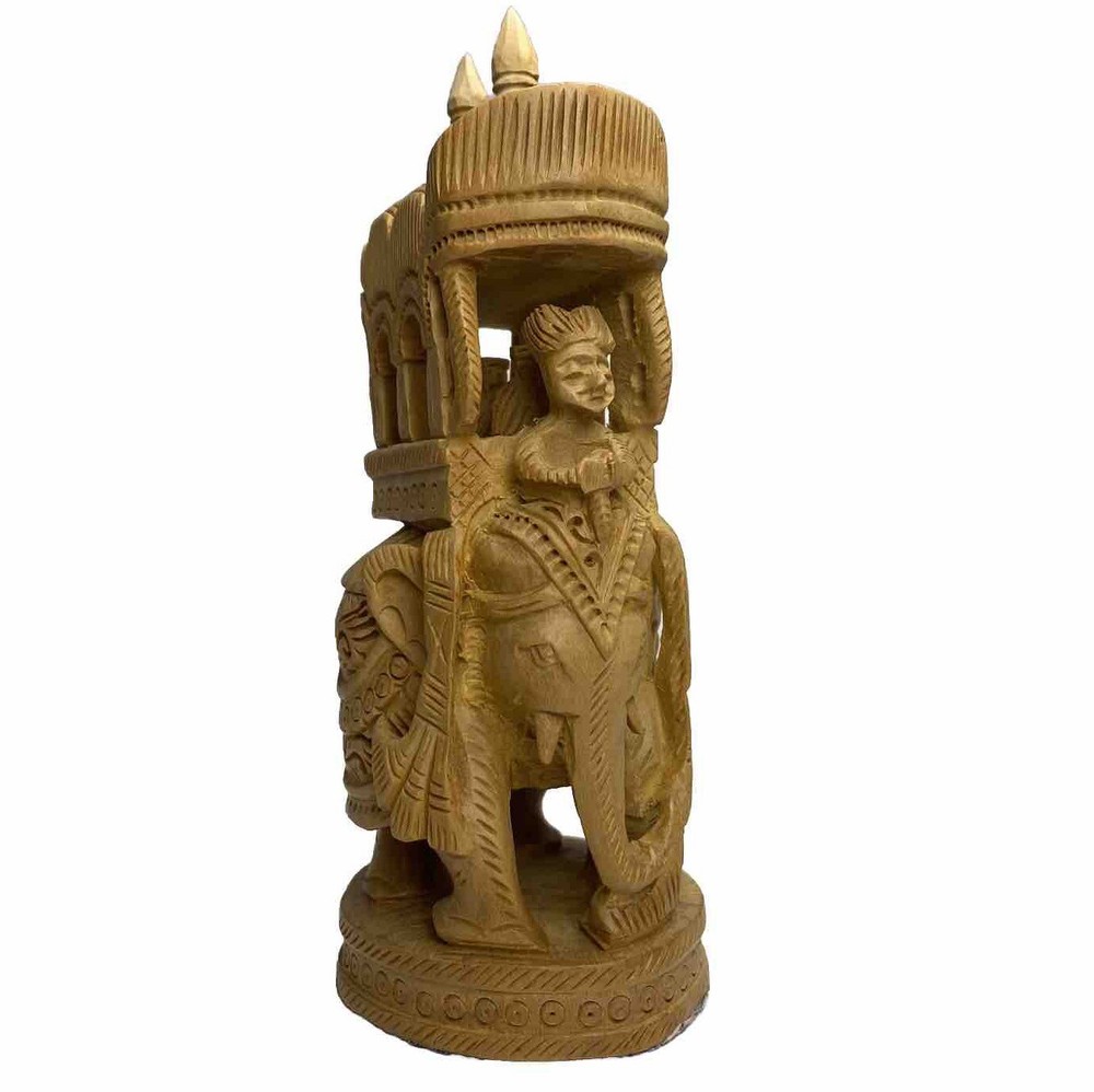 Hand Carved Elephant And Rider Solid Wood One Piece Intricate Sculpture Figurine