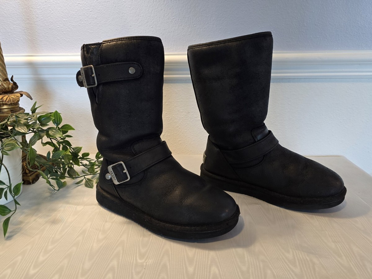 UGG Black Kensington Moto Leather Sherpa Boots Buckles Women's US