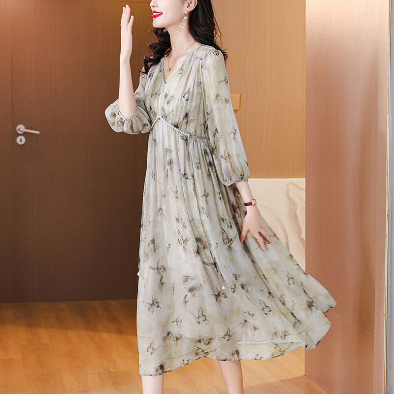 Spring Women Floral Printed Elegant Chiffon Dress V-neck