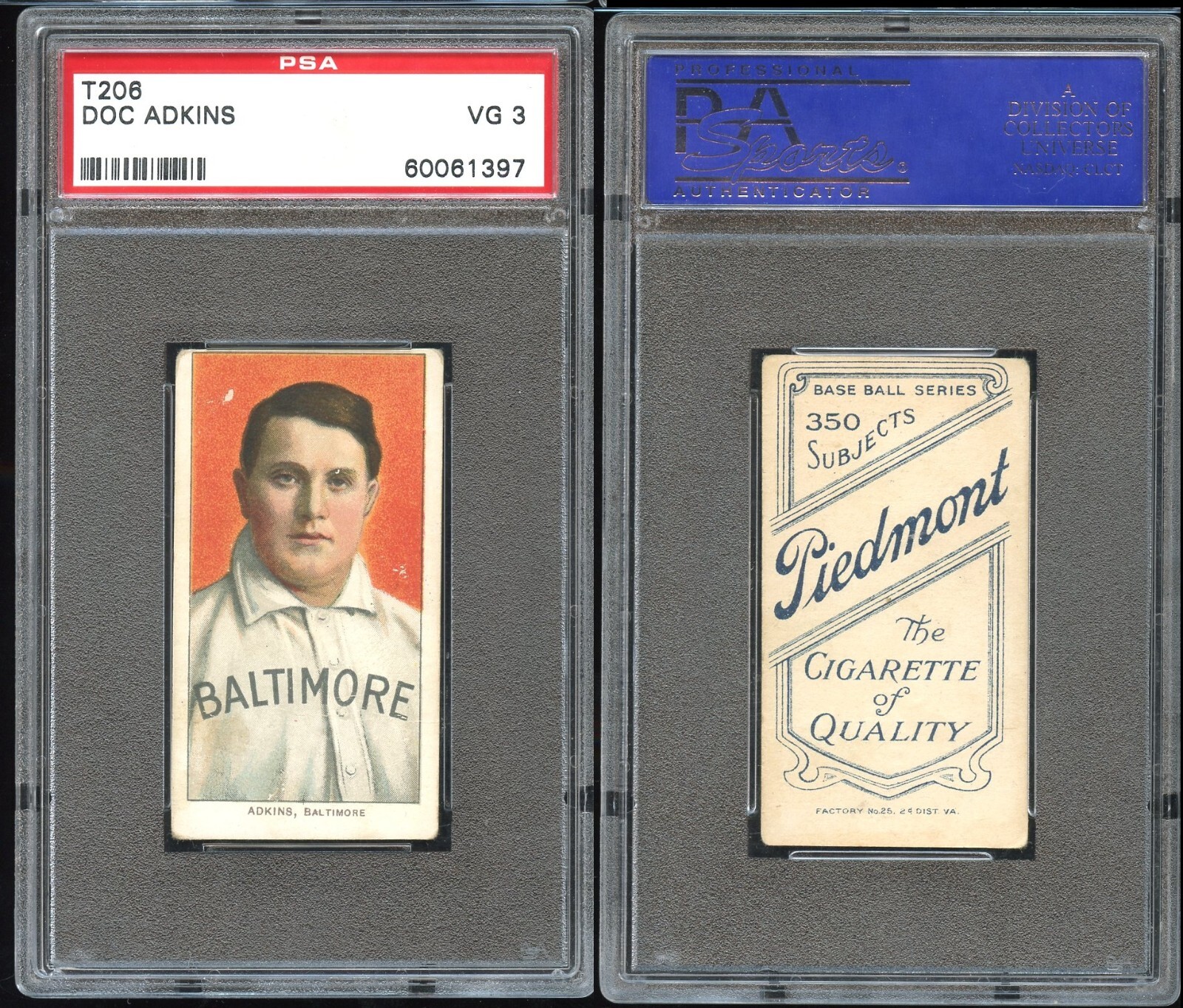 T206 Doc Adkins Orioles! ~~ PSA 3 VG ~~ Piedmont 350 back