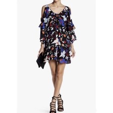 Parker 100% Silk Floral Cold Shoulder Tiered Sleeves Mini Dress Black Blue Small