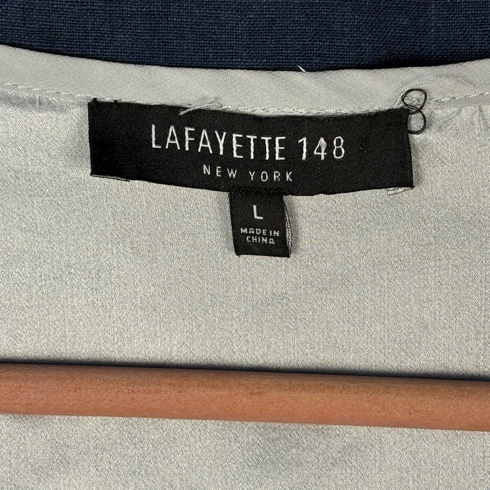 Blusa túnica de seda manga larga clásica Lafayette 148 para mujer talla L gris plateado Foto 3 de 4