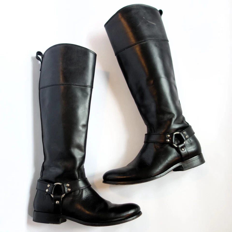 BOTAS DE PASSEIO FRYE Melissa Harness 76927 couro preto alto femininas 9 com reparo faça você mesmo - Imagem 2 de 4