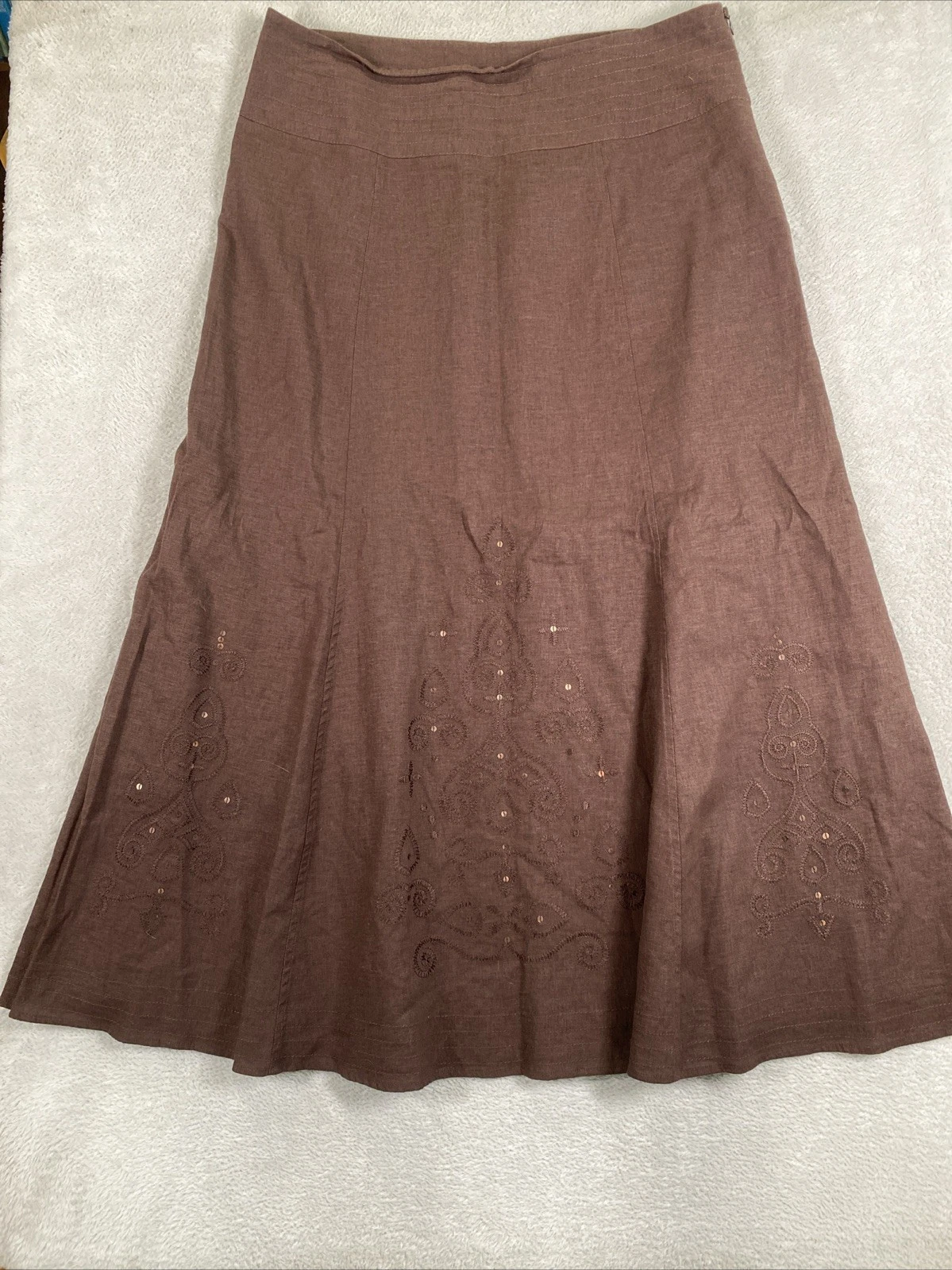 Hillard & Hanson Linen Blend Maxi Paneled Modest SKirt Womens 12 Brown Embroider