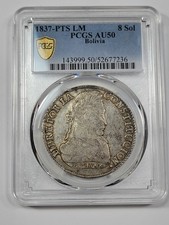 1837 PTS Silver 8 Soles Potosi PCGS AU50 Nice Dusty Patina Bolivia *T545