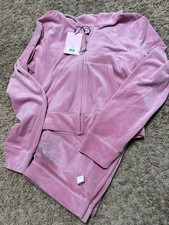 Juicy Couture rose Pink Velour Velvet Pullover Hoodie Sweatpants Set Women L