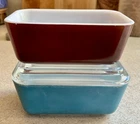2 PYREX Vtg 1.5 Pt. Refrigerator Dishes + Lid, 502  Brown , 502-B Blue, Lot of 3