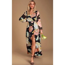 Lulus Wondrous Water Lilies Long Sleeve Maxi Dress Floral Resort Medium NWT