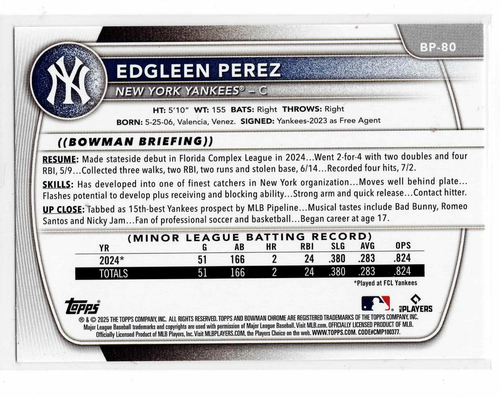 Edgleen Perea Pittsburgh Pirates 2025 Bowman 1st Bowman *** - Imagen 3 de 3