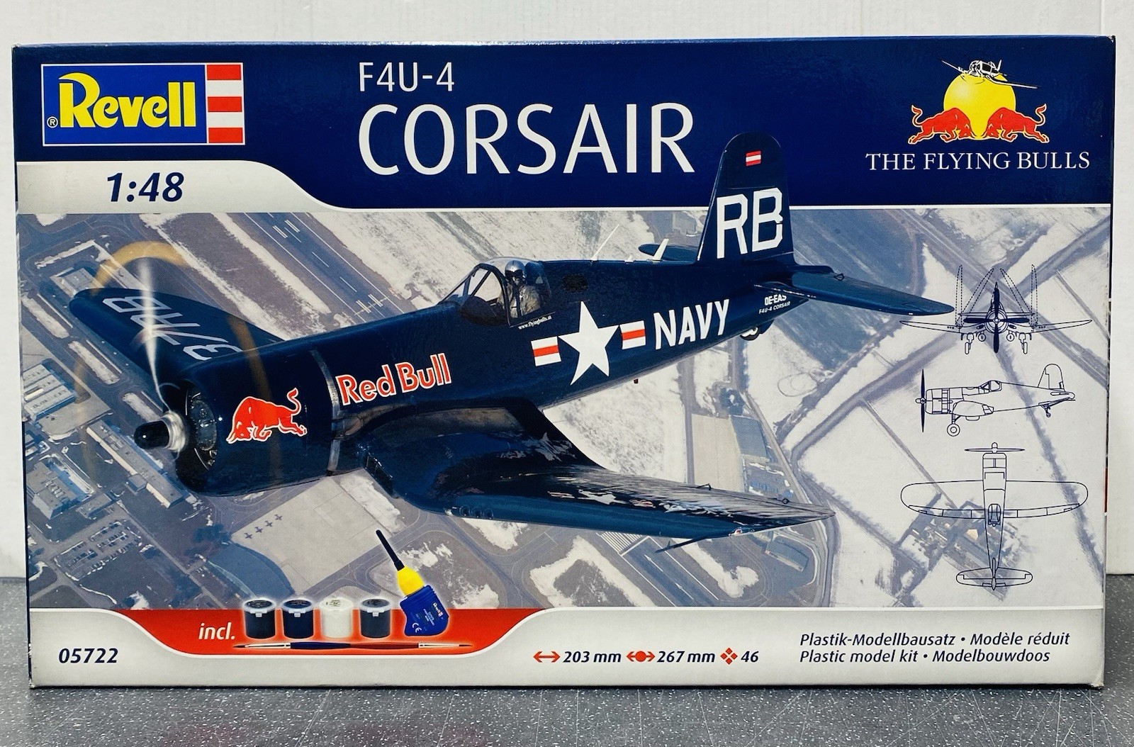 Revell 1:48 scale model kit of the F4U-4 Corsair ""Flying Bulls"" airplane