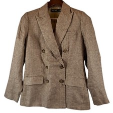 Lauren Ralph Lauren Ryen Blazer Size 2 Brown Houndstooth Linen Double Breasted