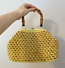 Vintage 1950s Gaymode Beaded Bamboo and Raffia Yellow Purse