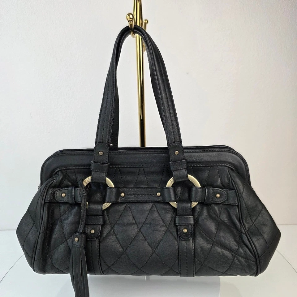 Bally Quilted Rosalyn Tassell Satchel Baguette Handbag Black Leather - Image 2 of 4