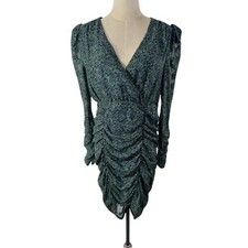 "ZARA" Dress, Womens ,Size M , Green Ruched Long Sleeve V Neck Mini Blogger Fav