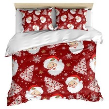 Christmas Santa Claus Snowflakes Trees Queen Duvet Cover Set Bedding Red