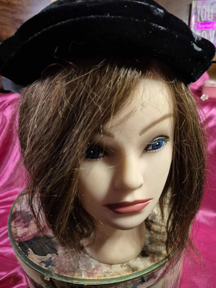 Vintage Hats - Black Velvet Calot, Floral Fascinator, & Navy Blue Straw Bowler - Image 3 of 4