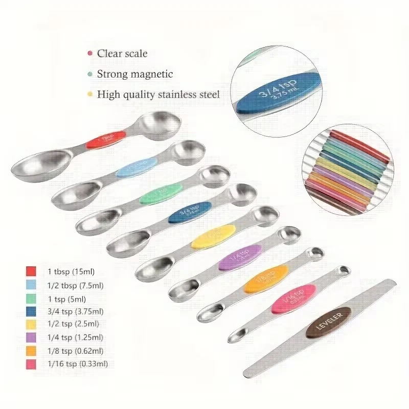Kit Tasses Cuillères Mesure Acier Inoxydable Magnétiques Pâtisserie Cuisine - Photo 4/4