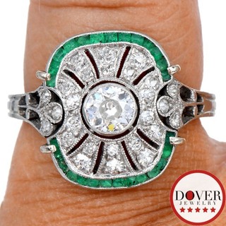 Vintage Diamond 1.17ct Emerald Platinum Halo Filigree Cocktail Ring 6.5 Grams