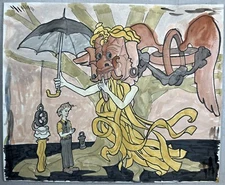 Original Surrealist Painting Watercolor Women w/ Umbrella In Dragon Mask Tree