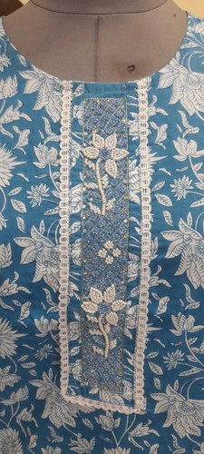 Hermoso kurti estampado azul algodón mujer indio con pintura con juego dupatta - Imagen 2 de 9