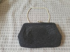 Vintage Black Beaded Purse with Silver color Chain and Clasp, Ruth Ziman