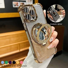 For iPhone 16 15 Pro Max 14 13 12 11 Glitter Mag Safe Magnetic Ring Mirror Case