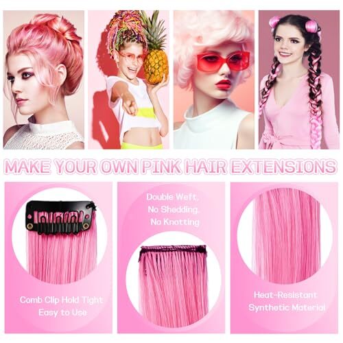 12 PCS Hair Extensions Clip in, 22" Colored Hair Extensions, Highlights Pink - Picture 2 of 7