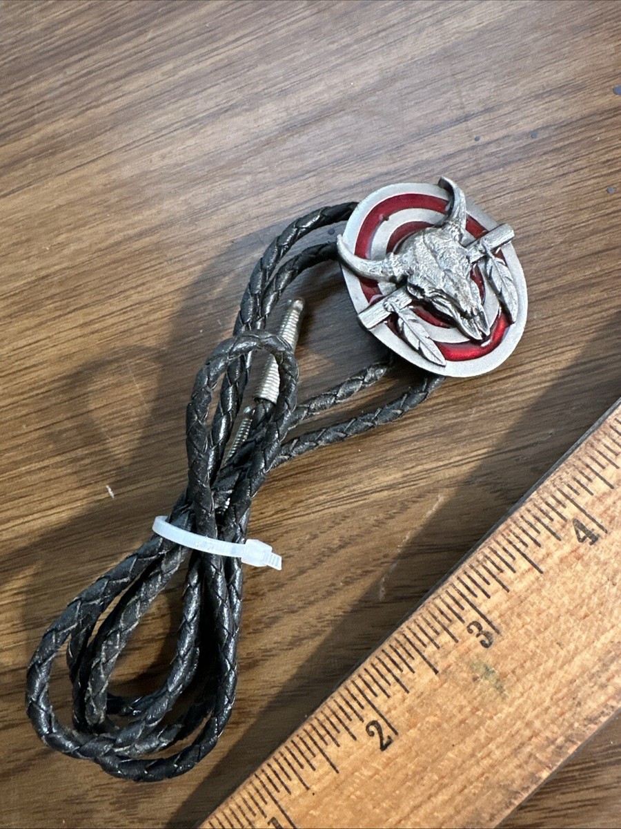 Vintage Siskiyou Pewter Bolo Tie Bull Target Braided Black Leather