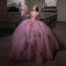 Off Shoulder Tulle Pink Ball Gown Quinceanera Dress Applique Beads Sweet 16 Girl