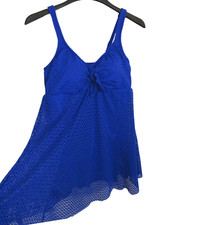 Swim Solutions Blue Crochet Tummy Control One-Piece Swimsuit Swim Dress Plus 16W