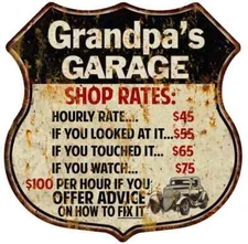Grandpa's Garage Shop Rates Personalized Gift Shield Metal Sign 211110019003