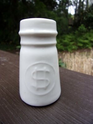 antique tiny stoneware~porcelain ''what's it?'' bottle! has $ sign~advertising?