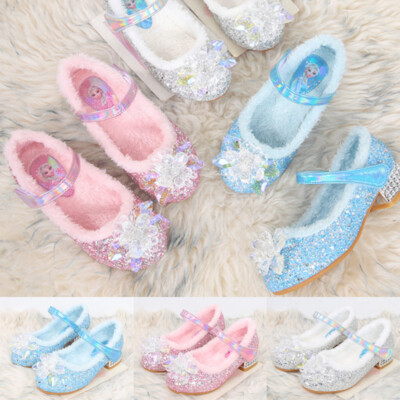 Kids Girls Crystal Elsa Princess Shoes Fancy Party Fur Lined Shoes Xmas  Gifts UK